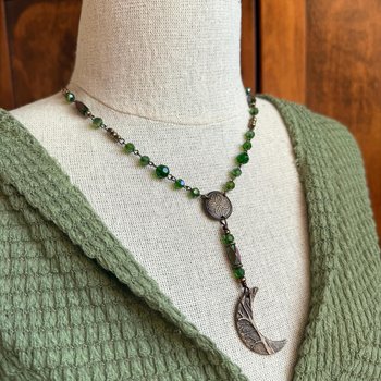 Crescent Moon & Celtic Knot, Bronze Rosary Style Necklace, Tree Branches, Magical Moon, Green Iridescent Crystals, Witchy Pagan Art Jewelry
