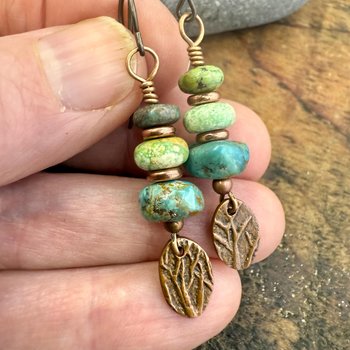 Copper Tree Branch Drop Earrings, Stacked Turquoise Beads, Cairn Stones, Summer Boho Style, Light Everyday, Hypoallergenic Ear Wires, Witchy
