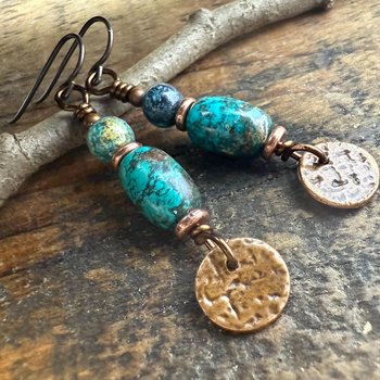 Copper Disc Drop Earrings, Turquoise Beads, Light Everyday, Boho Summer Style, Hypoallergenic Ear Wires, Earthy Rustic Jewelry, Handmade