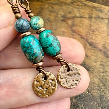 Copper Disc Drop Earrings, Turquoise Beads, Light Everyday, Boho Summer Style, Hypoallergenic Ear Wires, Earthy Rustic Jewelry, Handmade
