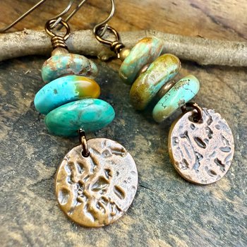 Copper Disc Drop Earrings, Turquoise Beads, Light Everyday, Boho Summer Style, Hypoallergenic Ear Wires, Earthy Rustic Jewelry, Handmade