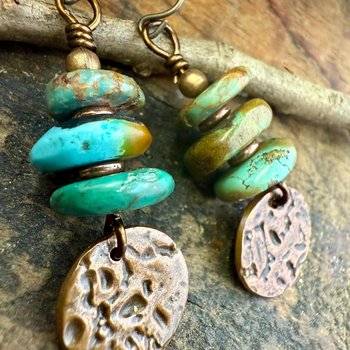 Copper Disc Drop Earrings, Turquoise Beads, Light Everyday, Boho Summer Style, Hypoallergenic Ear Wires, Earthy Rustic Jewelry, Handmade
