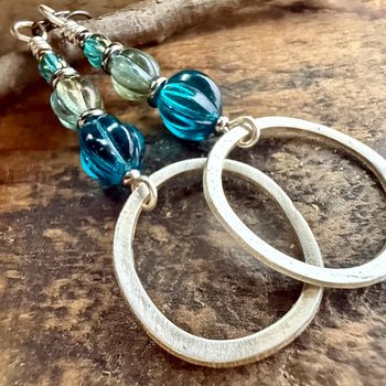 Sterling Silver Drop Hoop Earrings, Czech Glass Beads, Light Everyday Earrings, Hypoallergenic, Niobium Ear Wires, Earthy Rustic Jewelry