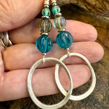 Sterling Silver Drop Hoop Earrings, Czech Glass Beads, Light Everyday Earrings, Hypoallergenic, Niobium Ear Wires, Earthy Rustic Jewelry