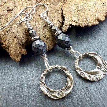 Sterling Silver Drop Hoop Earrings, Light Everyday Boho, Black Grey Czech Glass Beads,  Earthy Rustic Art Jewelry, Soul Harbor Jewelry