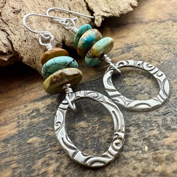 Sterling Silver & Turquoise, Drop Hoop Earrings, Summer Boho Style, Earthy Rustic Jewelry, Stacked Cairn Beads, Everyday, Handmade Art Style