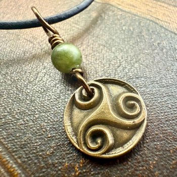 Triskele Bronze Charm, Wax Seal Charm, Connemara Marble Bead, Irish Celtic, 8 Anniversary, Celtic Witch, Triskelion Triple Spiral, Pagan