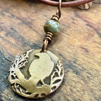 Raven Bronze Pendant, Wax Seal Charm, Czech Glass Bead, Crow Corvid, Tree Branches, Pagan Samhain, Celtic Witch Jewelry, Earthy Rustic Wicca