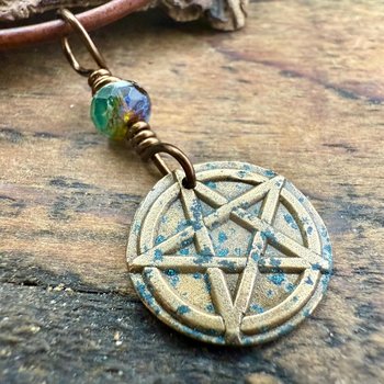 Pentagram Bronze Charm, Pentacle Pendant, Czech Glass Bead, Leather & Vegan Cords, Pagan Wicca, 5 Elements Star, Handmade, Witchy Things