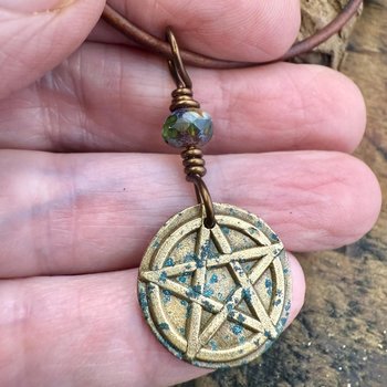 Pentagram Bronze Charm, Pentacle Pendant, Czech Glass Bead, Leather & Vegan Cords, Pagan Wicca, 5 Elements Star, Handmade, Witchy Things