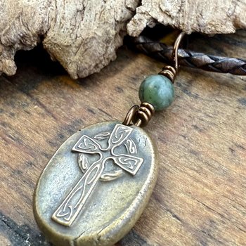 Bronze Celtic Cross, Wax Seal Charm, Connemara Marble, Irish Celtic, Chunky Cross Necklace, Leather Vegan Cord, Ancient Symbols, Talisman