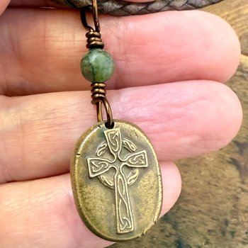 Bronze Celtic Cross, Wax Seal Charm, Connemara Marble, Irish Celtic, Chunky Cross Necklace, Leather Vegan Cord, Ancient Symbols, Talisman