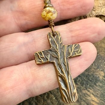 Tree Cross Charm, Copper Pendant, Tree Branches, Czech Glass Beads, Leather & Vegan Cords, Handmade Art Jewelry, Tree of Life, Witchy Things