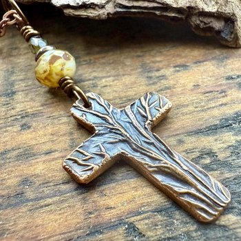 Tree Cross Charm, Copper Pendant, Tree Branches, Czech Glass Beads, Leather & Vegan Cords, Handmade Art Jewelry, Tree of Life, Witchy Things