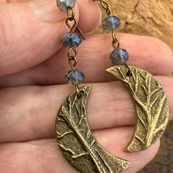 Crescent Moon Bronze Earrings, Midnight Blue Crystal Beads, Celtic Moon Goddess, Long Beaded Moon Earrings, Hypoallergenic, Pagan Wicca Art