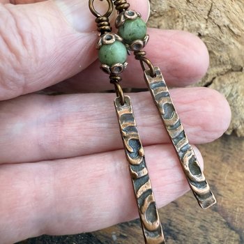 Copper Dangle Stick Earrings, Connemara Marble Bead, Long Skinny, Hypoallergenic Ear Wires, Earthy Rustic