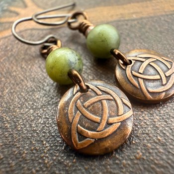 Trinity Knot Earrings, Triquetra, Tiny Copper Discs, Connemara Marble, Irish Celtic Jewelry, Hypoallergenic Ear Wires, Wax Seal Jewelry