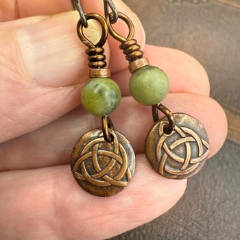 Trinity Knot Earrings, Triquetra, Tiny Copper Discs, Connemara Marble, Irish Celtic Jewelry, Hypoallergenic Ear Wires, Wax Seal Jewelry