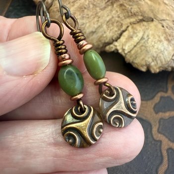 Triskele Copper Earrings, Triple Spirals, Triskelion, Connemara Marble, Irish Celtic Jewelry, Copper Disc Earrings, Hypoallergenic Earrings
