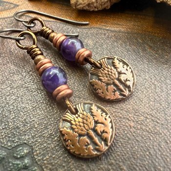 Scottish Thistle Earrings, Outlander Gifts, Copper Anniversary, Thistle of Scotland, Amethyst, Wax Seal Charm, Highlander, Disc Earrings