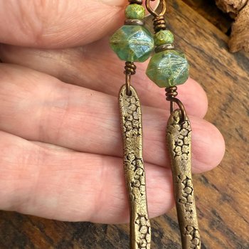 Bronze Dangle Drop Earrings, Coral Fossil Texture, Czech Glass Beads, Bronze Aqua Blue, Hypoallergenic Niobium Ear Wires, Earthy Primitive
