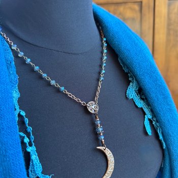 Crescent Moon & Triskele, Rosary Style Necklace, Copper, Blue Crystals, Tree Branches,  Magical Moon, Triple Goddess, Witchy Pagan Art