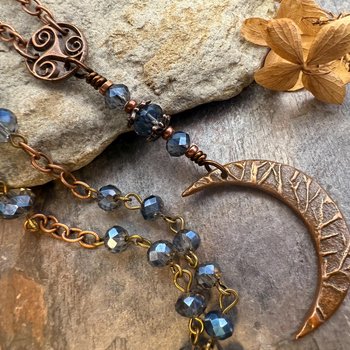 Crescent Moon & Triskele, Rosary Style Necklace, Copper, Blue Crystals, Tree Branches,  Magical Moon, Triple Goddess, Witchy Pagan Art