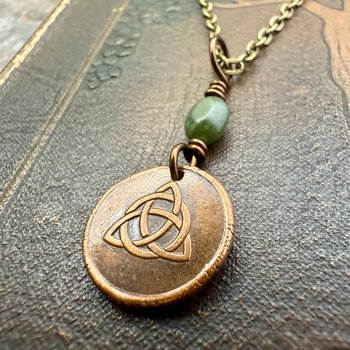 Copper Trinity Knot, Triquetra, Wax Seal Charm, Connemara Marble, Irish Celtic Jewelry, Pagan, 7th Anniversary, Triple Goddess, Celtic Witch
