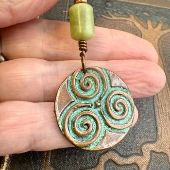 Triskele Copper Pendant, Verdigris Patina, Hand Carved, Connemara Marble, Triskelion Triple Spiral, Irish Celtic Pagan, Newgrange Ireland