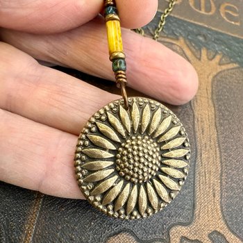 Sunflower Pendant, Bronze Jewelry, Ukraine Sunflower Necklace, Botanical Pendant, Green Witch, Leather & Vegan Cords, Handmade Earthy Gifts