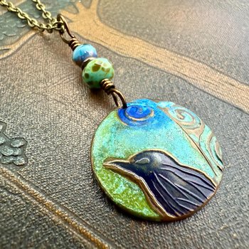 Copper Raven Pendant, Colorful Patina, Czech Glass Beads, Hand Carved, Irish Celtic Spirals, Celtic Witch Goddess, Crow Corvid Birds, Earthy