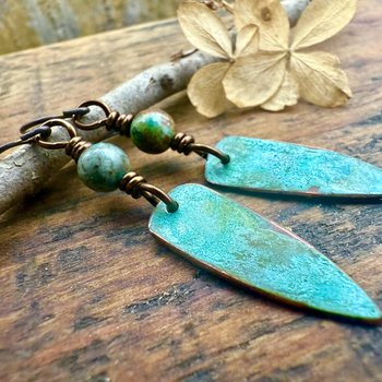 Verdigris Earrings, Copper Patina, Dagger Dangle, Turquoise Beads, Boho Hippie Style, Blue Green Earthy, Soul Harbor Jewelry, Earth Witch