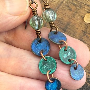 Copper Dangle Earrings, Patina Color, Czech Glass Beads, Hypoallergenic Ear Wires, Earthy Tribal, Boho Chic Style, Disc Drop Earrings