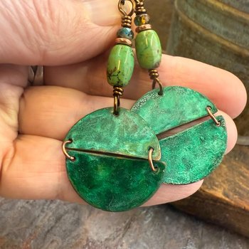 Split Hinged Earrings, Copper Verdigris Patina, Turquoise Beads, Boho Hippie Dangles, Green Witch, Blue Green Earthy, Rustic Art jewelry