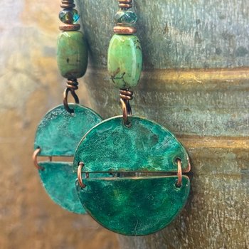 Split Hinged Earrings, Copper Verdigris Patina, Turquoise Beads, Boho Hippie Dangles, Green Witch, Blue Green Earthy, Rustic Art jewelry