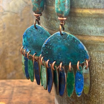 Chandelier Dangle Earrings, Copper & Colorful Patina, African Turquoise Beads, Hypoallergenic Ear Wire, Earthy Rustic, Bohemian, Art Jewelry