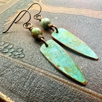 Verdigris Earrings, Copper Patina, Dagger Dangle, Turquoise Beads, Boho Hippie Style, Blue Green Earthy, Soul Harbor Jewelry, Earth Witch