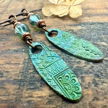 Tribal Verdigris Earrings, Copper Patina, Czech Glass Beads, Boho Hippie Dangles, Green Witch, Blue Green Earthy, Soul Harbor Jewelry