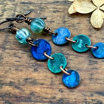 Copper Dangle Earrings, Patina Color, Czech Glass Beads, Hypoallergenic Ear Wires, Earthy Tribal, Boho Chic Style, Disc Drop Earrings