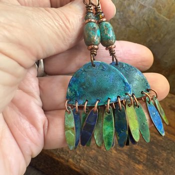 Chandelier Dangle Earrings, Copper & Colorful Patina, African Turquoise Beads, Hypoallergenic Ear Wire, Earthy Rustic, Bohemian, Art Jewelry