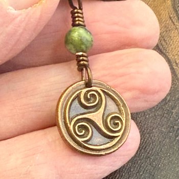 Triskele Charm, Copper Necklace, Wax Seal Charm, Connemara Marble, Irish Celtic Pagan, 7 Anniversary, Celtic Witch, Triskelion Triple Spiral