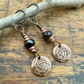 Handmade Copper Trinity Knot Earrings, Czech Glass Beads, Irish Celtic Jewelry, Hypoallergenic Ear Wires, Pagan, Light Everyday Earrings