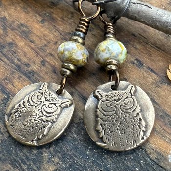 Bronze Owl Earrings, Earthy Witch Jewelry, Faceted Czech Glass Beads, Hypoallergenic Ear Wires, Light Dangle Earrings, Handmade Art Jewelry