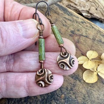 Triskele Copper Earrings, Triple Spirals, Triskelion, Connemara Marble, Irish Celtic Jewelry, Copper Disc Earrings, Hypoallergenic Earrings