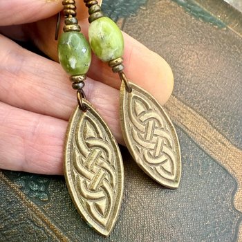 Celtic Knot Bronze Earrings, Irish Celtic Jewelry, Connemara Marble, Long Pointed Oval, Ireland, Handmade Art Jewelry, Celtic Pagan Witch
