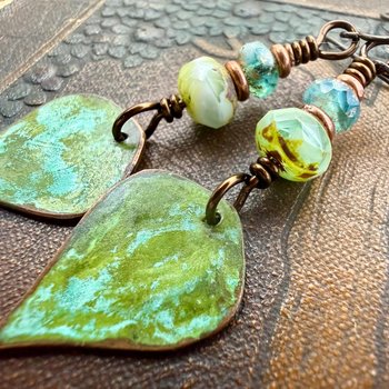 Verdigris Earrings, Copper Patina, Teardrop Dangle, Czech Glass Beads, Boho Hippie, Blue Green Earthy, Soul Harbor Jewelry, Earth Witch