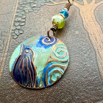 Copper Raven Pendant, Colorful Patina, Czech Glass Beads, Hand Carved, Irish Celtic Spirals, Celtic Witch Goddess, Crow Corvid Birds, Earthy