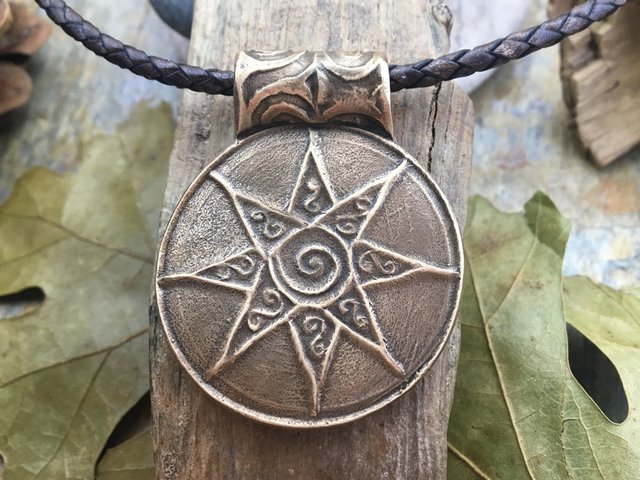 Celtic Sun Pendant, Bronze Sun Necklace, Hand Carved, Irish Celtic Spirals, Round Sun Star, Leather & Vegan Cords, Handmade Art Jewelry