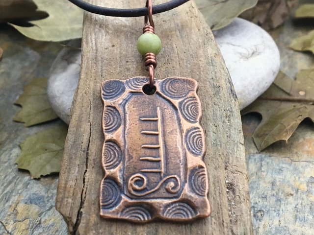 Apple Tree Ogham Charm, Copper Pendant, Connemara Marble, Hand Carved Art, Irish Celtic Spirals, Leather & Vegan Cords, Druid Pagan Trees