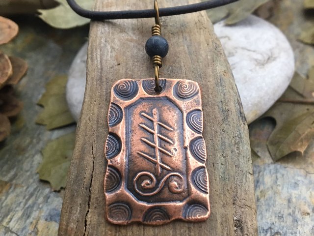 Blackthorn Tree Ogham Charm, Copper Pendant, Connemara Marble, Hand Carved, Irish Celtic Spirals, Druid Sacred Trees, Leather & Vegan Cords
